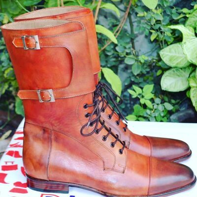 Handmade Brown Double Buckle Ankle High Lace up Long Military Boot