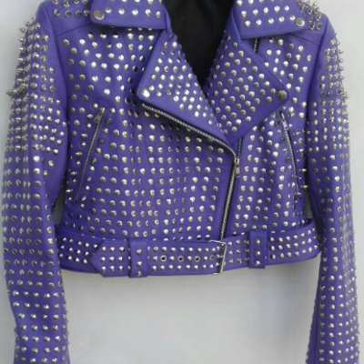 Women's purple genuine cowhide leather silver studded brando style belted jacket - Thumbnail 5