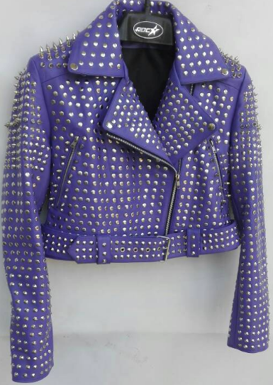 Women's Purple Genuine Cowhide Leather Silver Studded Brando Style Belted Jacket