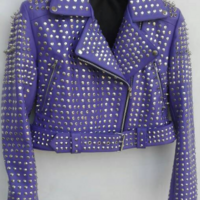 Women's Purple Genuine Cowhide Leather Silver Studded Brando Style Belted Jacket - Thumbnail 1