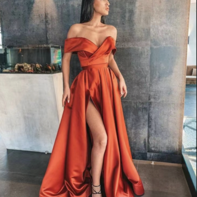 Off the shoulder slit prom dresses orange unique - Thumbnail 1