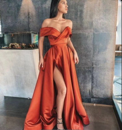 Off the Shoulder Slit Prom Dresses Orange Unique