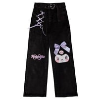 Kuromi Japanese Harajuku Cute Kawaii Anime Girl Black High Waist Pants Trousers Denim Jeans - Thumbnail 7