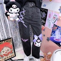 Kuromi Japanese Harajuku Cute Kawaii Anime Girl Black High Waist Pants Trousers Denim Jeans - Thumbnail 4