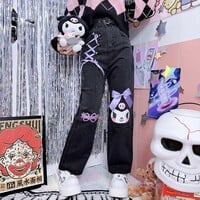 Kuromi Japanese Harajuku Cute Kawaii Anime Girl Black High Waist Pants Trousers Denim Jeans - Thumbnail 5