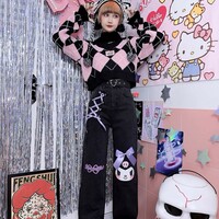 Kuromi Japanese Harajuku Cute Kawaii Anime Girl Black High Waist Pants Trousers Denim Jeans - Thumbnail 6