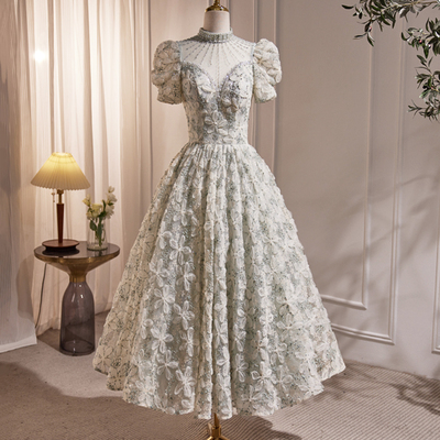 Cute high neck short a line prom dresses, beautiful beading pearl sequins party dresses - Thumbnail 3