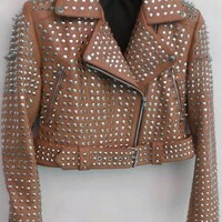 Women's Brown Genuine Cowhide Leather Silver Studded Brando Style Belted Jacket - Thumbnail 2