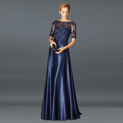 Navy Blue Mother Of The Bride Dress A-line satin Half Sleeves Appliques Long Groom Godmother Evening