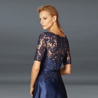 Navy Blue Mother Of The Bride Dress A-line satin Half Sleeves Appliques Long Groom Godmother Evening - Thumbnail 1