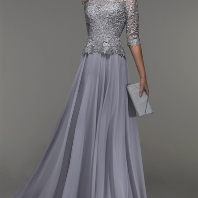 Mother of the bride dress 3/4 sleeve round neck lace chiffon a-line long dress wedding ceremony party formal occasion dress