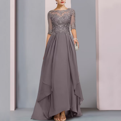 O neck mother of bride dresses long a line فستان العروس half sleeve chiffon formal party gown mère de robes de mariée for women