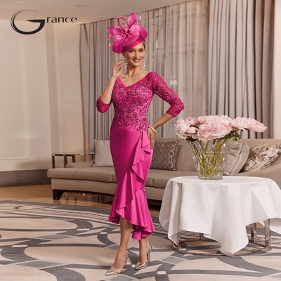 Pink sheath full sleeve mother of bride dresses for women summer ruffles robe mere de la mariée