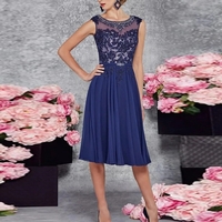 Beach Mother of Bride Dresses Navy Blue Knee Length Wedding Party Gowns Summer Women Gown for Wedding with Lace - Thumbnail 1