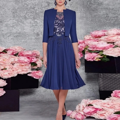 Beach mother of bride dresses navy blue knee length wedding party gowns summer women gown for wedding with lace