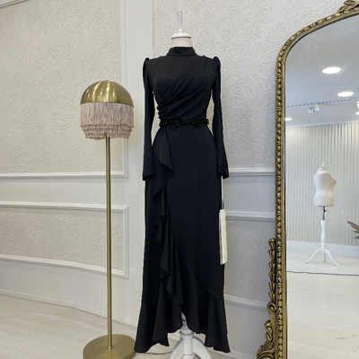 Muslim Black Mother of the Bride Dresses High Neck Long Sleeves Pearls Wedding Party Gowns Vestido Longo Festa De Casamento