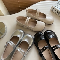 Balletcore Coquette Silver White Black Cute Leather Slipper Mary Jane Flat Shoes - Thumbnail 1