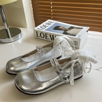 Balletcore Coquette Silver White Black Cute Leather Slipper Mary Jane Flat Shoes - Thumbnail 2
