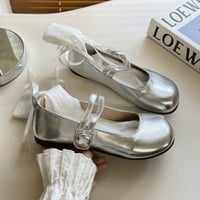 Balletcore Coquette Silver White Black Cute Leather Slipper Mary Jane Flat Shoes - Thumbnail 7