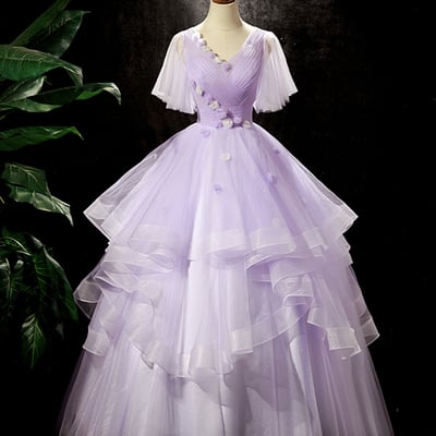 Purple v-neck tulle long prom dresses，a-line tulle formal dresses - Thumbnail 1