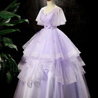 Purple V-Neck Tulle Long Prom Dresses，A-Line Tulle Formal Dresses - Thumbnail 1