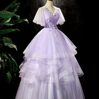 Purple V-Neck Tulle Long Prom Dresses，A-Line Tulle Formal Dresses - Thumbnail 2
