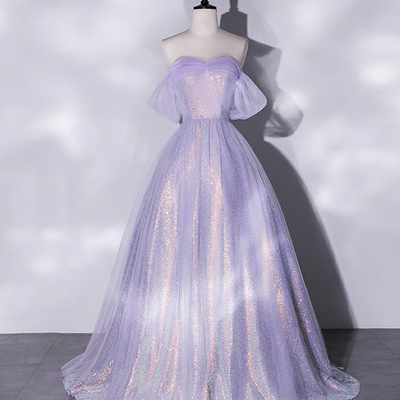 Purple tulle sequins long prom dress, shiny off shoulder evening party dress - Thumbnail 2