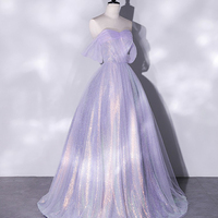 Purple Tulle Sequins Long Prom Dress, Shiny Off Shoulder Evening Party Dress - Thumbnail 2