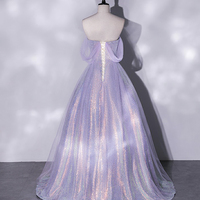 Purple Tulle Sequins Long Prom Dress, Shiny Off Shoulder Evening Party Dress - Thumbnail 3