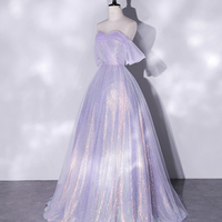 Purple Tulle Sequins Long Prom Dress, Shiny Off Shoulder Evening Party Dress - Thumbnail 1