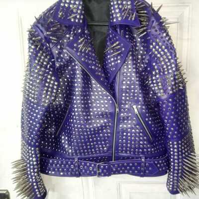 New men's punk silver long spiked studded brando biker leather jacket