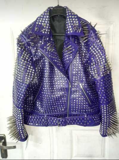 New Men's Punk Silver Long Spiked Studded Brando Biker Leather Jacket