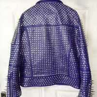 New Men's Punk Silver Long Spiked Studded Brando Biker Leather Jacket - Thumbnail 1