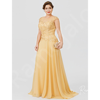 Long Mother Of The Bride Groom Dresses for Wedding Gold Chiffon Plus Size Lace Appliques Cap Short Sleeves Sheer Invitada Guest - Thumbnail 1