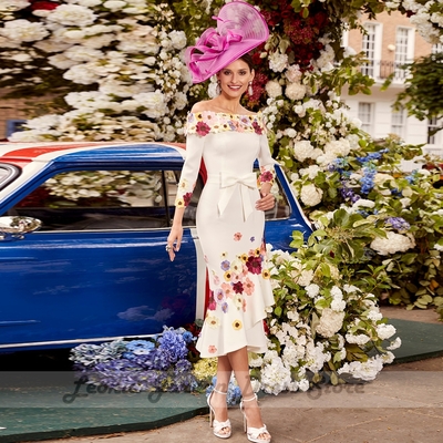 Mermaid sheath mother of the bride dresses 3/4 sleeve o neck off shoulder wedding party dress flowers tea-length