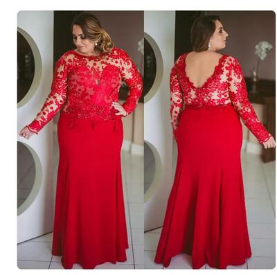 Elegant Red Long Sleeves Mother of the Bride Dresses Plus Size Jewel Neck Lace Beading Dress for the Bridal Mother Wedding Party