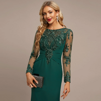 Classic Mother of the Bride Dresses Lace Appliques Tea-Length Full Sleeve Scoop Neck Party Dress Simple Sheath Mom's Prom Gown - Thumbnail 1