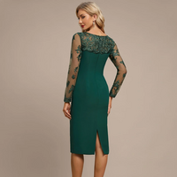 Classic Mother of the Bride Dresses Lace Appliques Tea-Length Full Sleeve Scoop Neck Party Dress Simple Sheath Mom's Prom Gown - Thumbnail 2