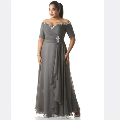 mother of the bride dress grey chiffon off shoulder short sleeve crystals beading evening gowns wedding party guest