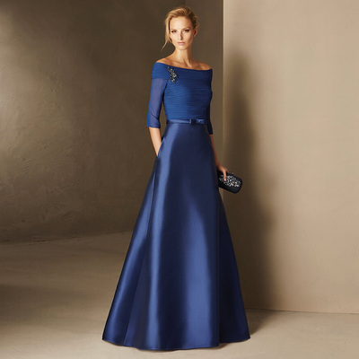 Elegant navy blue mother of the bride dresses for weddings off shoulder half sleeves floor-length a-line wedding party gowns