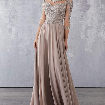 Lace applique beaded mother of the bride dresses elegant three quarter sleeve long chiffon evening formal mother dress