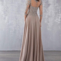 Lace Applique Beaded Mother of the Bride Dresses Elegant Three Quarter Sleeve Long Chiffon Evening Formal Mother Dress - Thumbnail 1