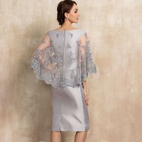 Knee Length Mother of the Bride Dress Scoop Neck Tulle Applique Cloak Half Sleeve for Wedding Party Guest Women‘s Gowns - Thumbnail 1