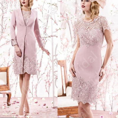 Charming two pieces mother of the bride dresses lace long sleeves wedding party dresses with coat mother dress knee length
