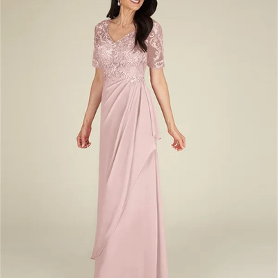 A-line v-neck floor-length chiffon mother of the bride dress elegant lace tea length illusion wedding party gowns
