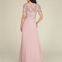 A-Line V-neck Floor-Length Chiffon Mother of the Bride Dress Elegant Lace Tea Length Illusion Wedding Party Gowns - Thumbnail 1