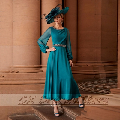 Modern Sequined Sashes Mother of the Bridal Dresses Scoop Full Sleeve Chiffon Guest Wedding Party Gown