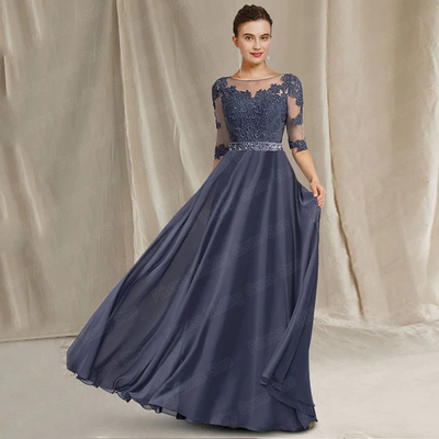 Wedding Evening Dresses for Mother Of The Bride A Line Chiffon Applique Half Sleeve Floor Length Scoop Neck Plus Size Guest Gown