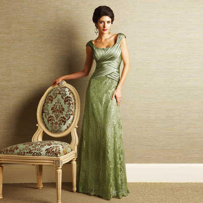 Elegant mother of the bride dresses with lace wedding guest dress floor length square neck cap sleeves pleat satin 