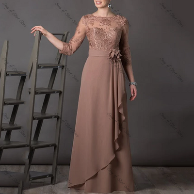 Classic long sleeve pleated mother of the bride dresses a-line chiffon floor length v-neck wedding party dresses for women